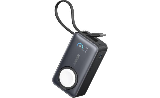 Anker MagGo Power Bank for Apple Watch, Officially Certified 10,000mAh Compact Battery Pack with Built-in USB-C Cable, 35W Max, for iPhone 15 Series, Samsung, iPad, AirPods, and More - Black